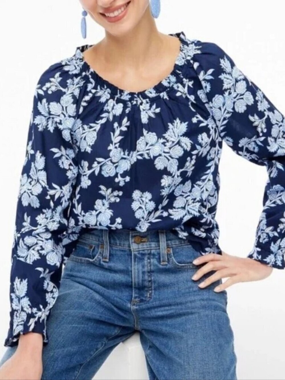 J. Crew XL Navy Blue Floral Peasant Blouse Long Sleeve Shirt 100% Cotton BP805